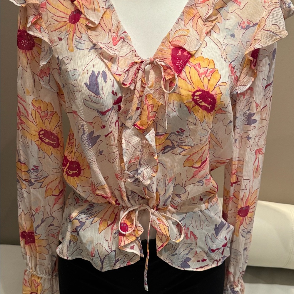 Paige Silk Floral Ruffle Blouse - Cream and Pink